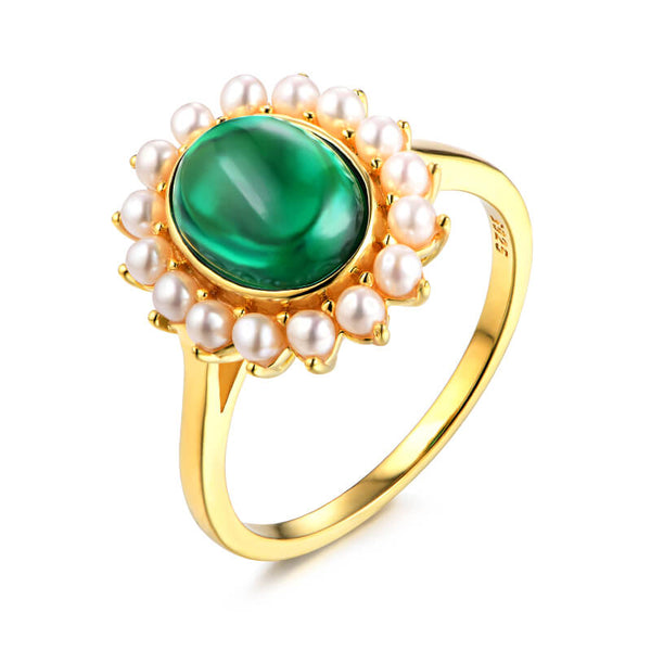 Halo Oval Emerald With Pearl Sterling Silver Ring - ReadYourHeart