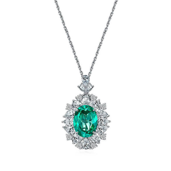 Halo Oval Paraiba Cluster Sterling Silver Necklace - ReadYourHeart