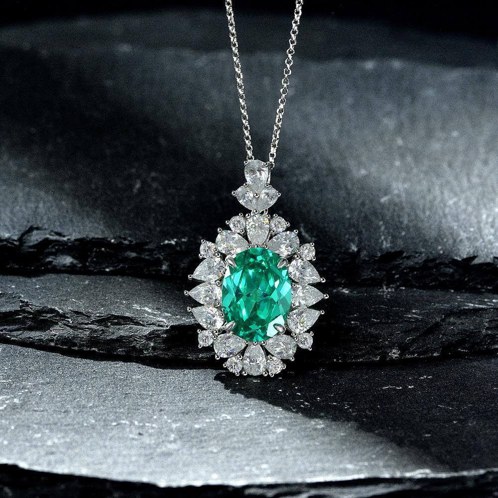 Halo Oval Paraiba Cluster Sterling Silver Necklace - ReadYourHeart