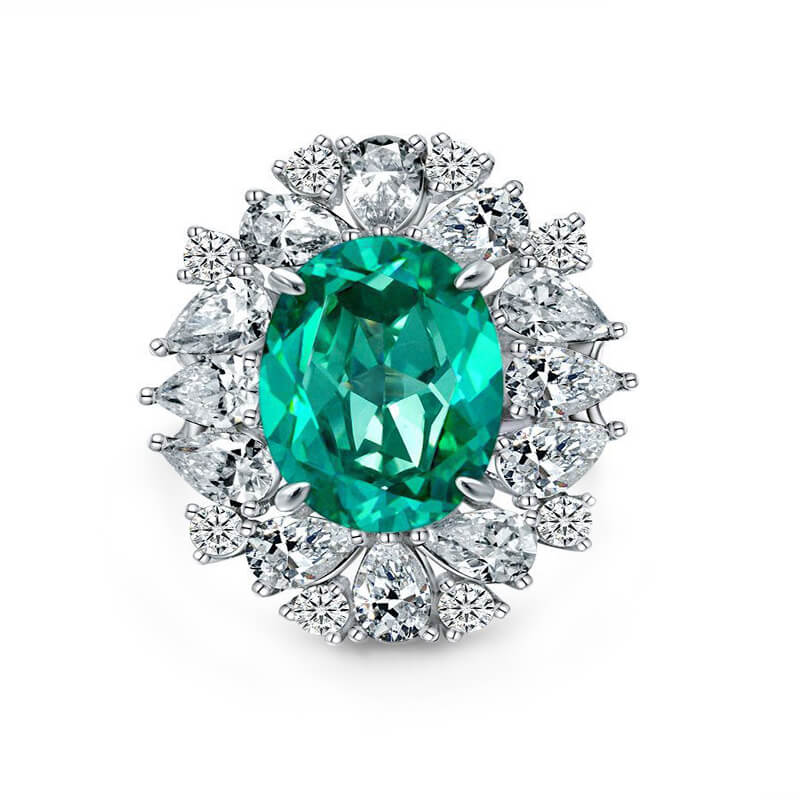 Halo Oval Paraiba Tourmaline Accents Pave Sterling Silver Ring - ReadYourHeart