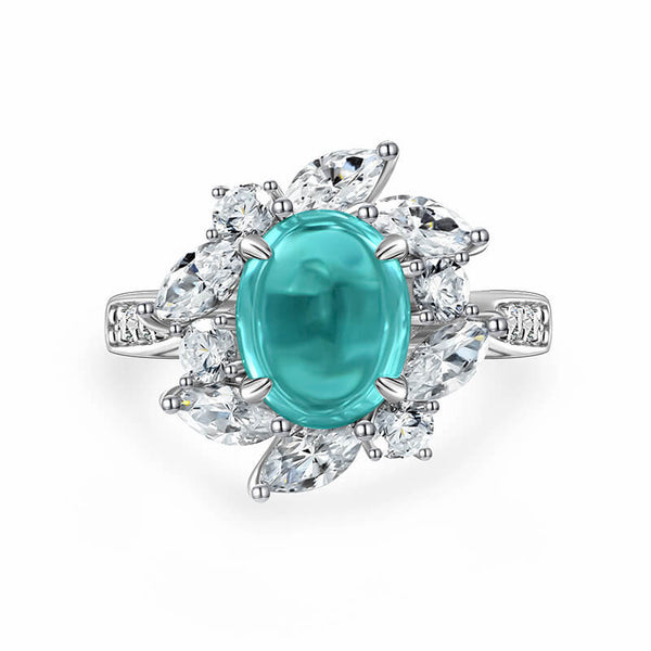Halo Oval Plain Paraiba Tourmaline Cluster Pave Sterling Silver Ring - ReadYourHeart