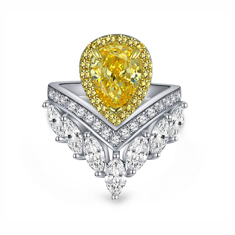 Halo Pear Yellow Sapphire Crown Accents Pave Sterling Silver Ring - ReadYourHeart