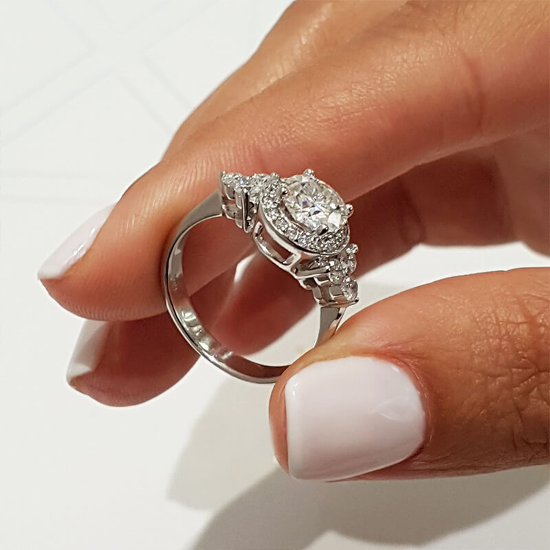 Halo Round Moissanite Cluster Side Stone Engagement Ring,RRL-FA1C1236-1,RRL-FA1C1236-2,RRL-FA1C1236-3