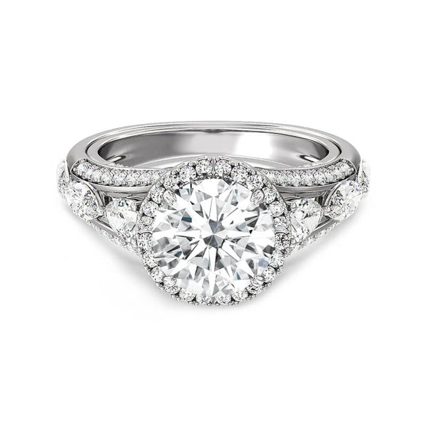 Halo Round Moissanite With Pear Side Stones Pave Engagement Ring