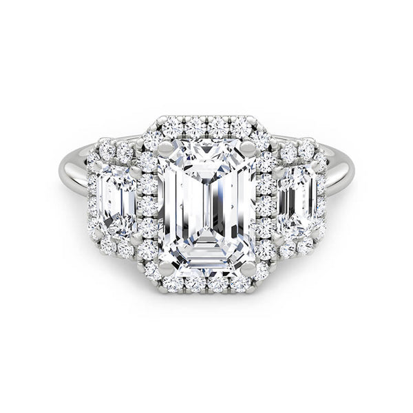 Halo Three Stone Emerald-Cut Moissanite Engagement Ring