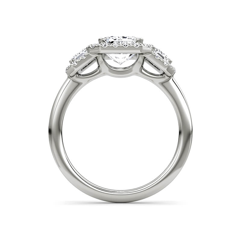 Halo Three Stone Emerald-Cut Moissanite Engagement Ring - ReadYourHeart