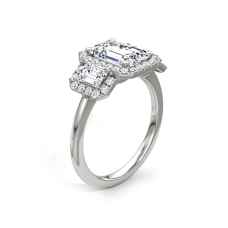 Halo Three Stone Emerald-Cut Moissanite Engagement Ring - ReadYourHeart
