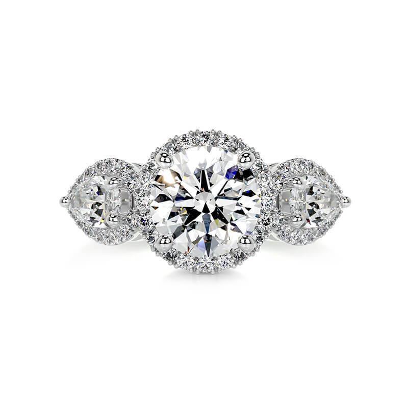 Halo Three Stone Round Moissanite And Pear Sapphire Engagement Ring,RRL-FA1C1235-1,RRL-FA1C1235-2,RRL-FA1C1235-3
