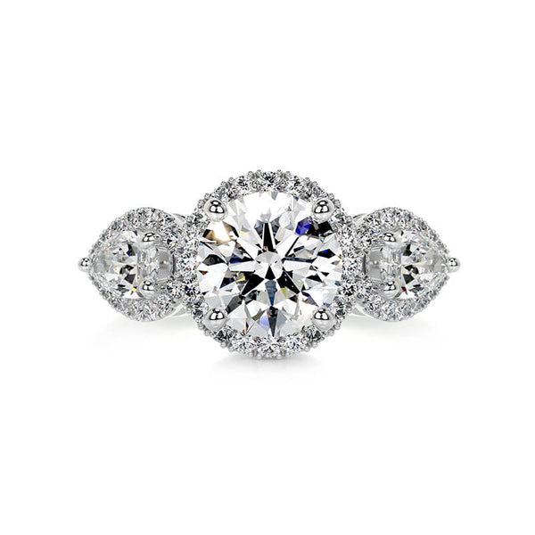 Halo Three Stone Round Moissanite And Pear Sapphire Engagement Ring,RRL-FA1C1235-1,RRL-FA1C1235-2,RRL-FA1C1235-3