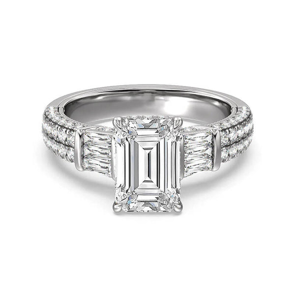 Hidden Halo Emerald-Cut Moissanite Two Row Pavé Engagement Ring