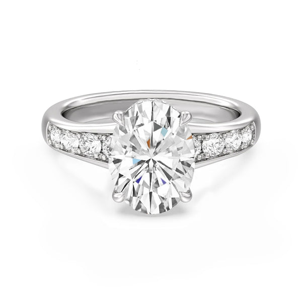 Hidden Halo Oval Moissanite Graduated Channel Set Engagement Ring
