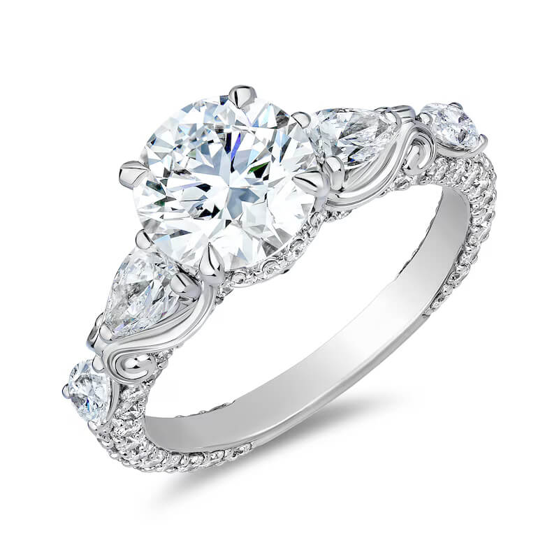 Hidden Halo Round Moissanite Pear Side-Stones Tri-Pave Engagement Ring,RRL-FA1C1232-1,RRL-FA1C1232-2,RRL-FA1C1232-3
