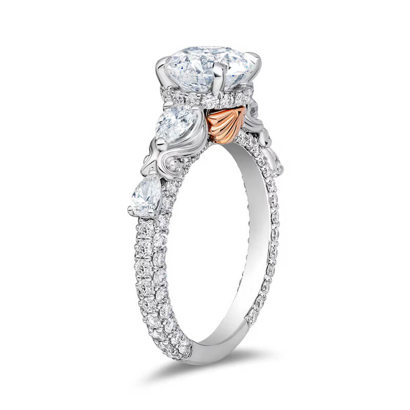 Hidden Halo Round Moissanite Pear Side-Stones Tri-Pave Engagement Ring,RRL-FA1C1232-1,RRL-FA1C1232-2,RRL-FA1C1232-3