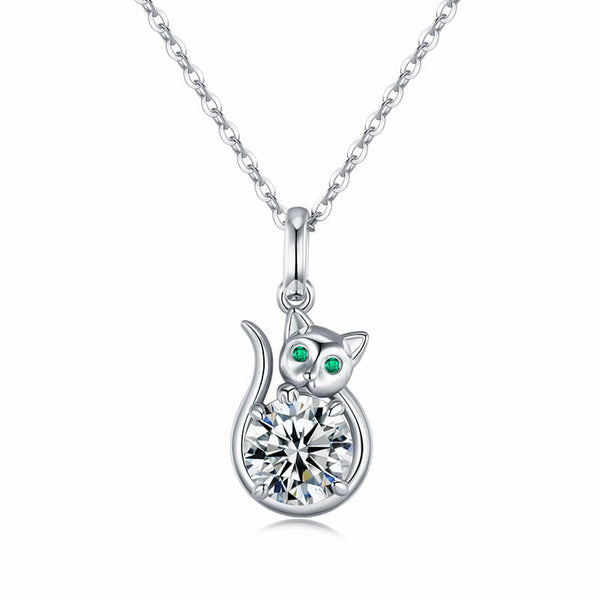 Lucky Cat Moissanite Necklace In Sterling Silver