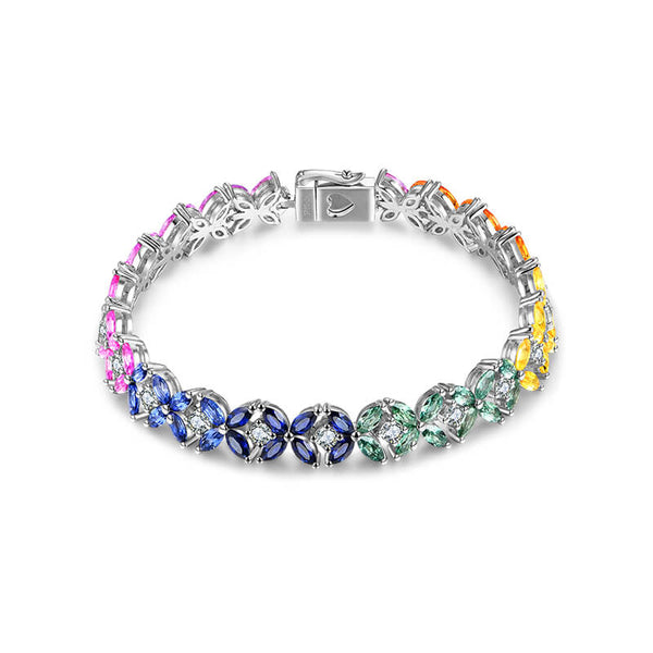 Marquise Colorful Sapphire Four Leaf Bracelet In Sterling Silver