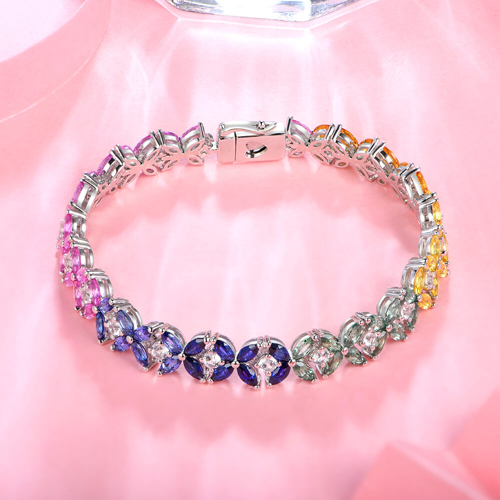 Marquise Colorful Sapphire Four Leaf Bracelet In Sterling Silver - ReadYourHeart