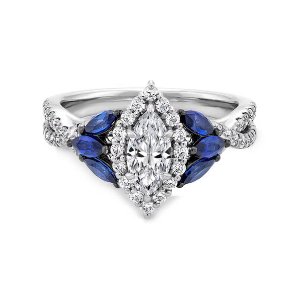 Halo Marquise Moissanite And Sapphire Tri-Sides Twisted Pave Engagement Ring