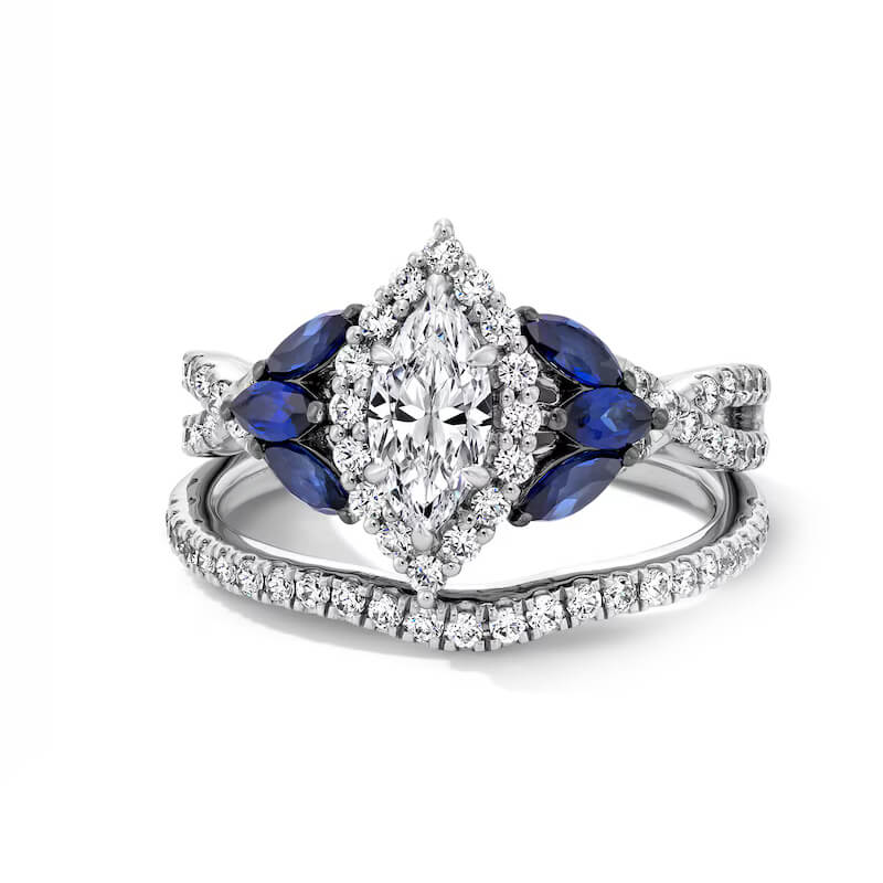 Halo Marquise Moissanite And Sapphire Tri-Sides Twisted Pave Engagement Ring,RRL-FA1C1231-1,RRL-FA1C1231-2,RRL-FA1C1231-3