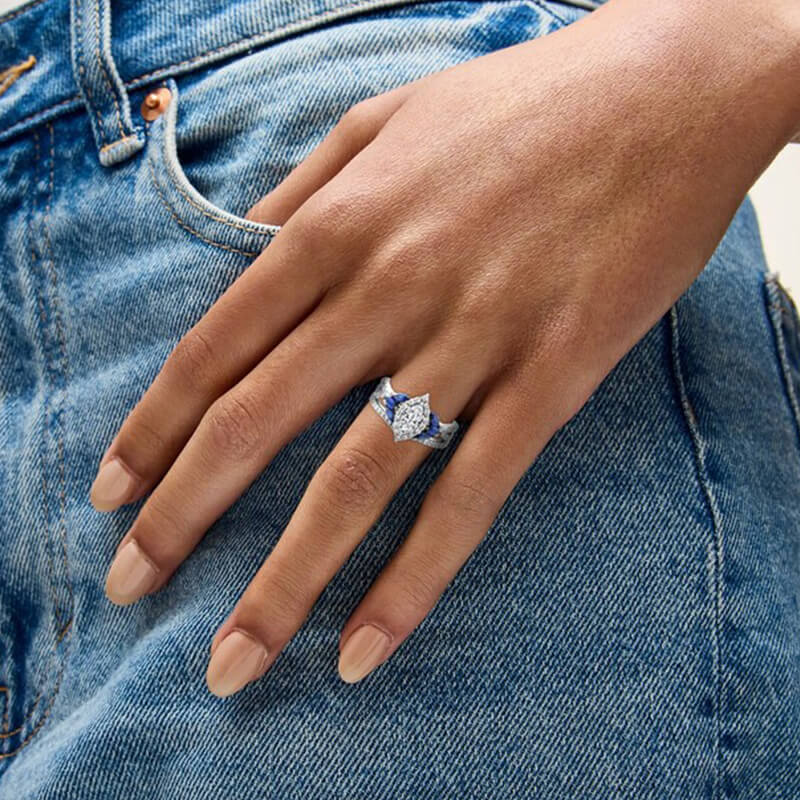 Halo Marquise Moissanite And Sapphire Tri-Sides Twisted Pave Engagement Ring,RRL-FA1C1231-1,RRL-FA1C1231-2,RRL-FA1C1231-3