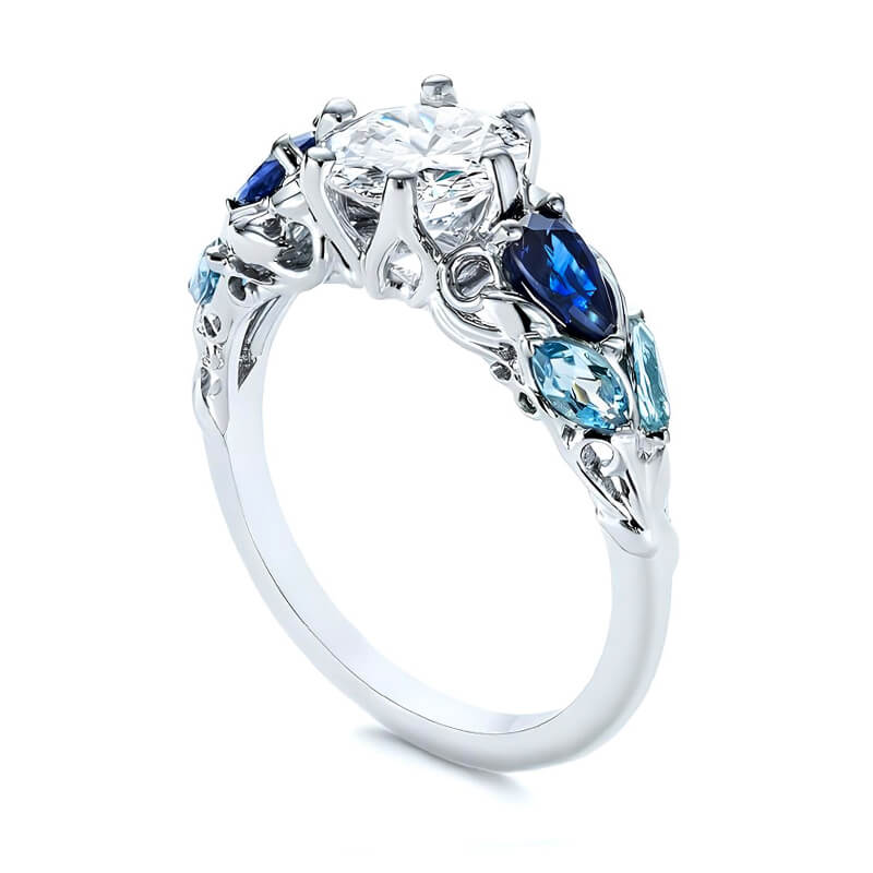 Moissanite And Cluster Sapphire Filigree Vine Engagement Ring,RRL-FA1C1237-1,RRL-FA1C1237-2,RRL-FA1C1237-3