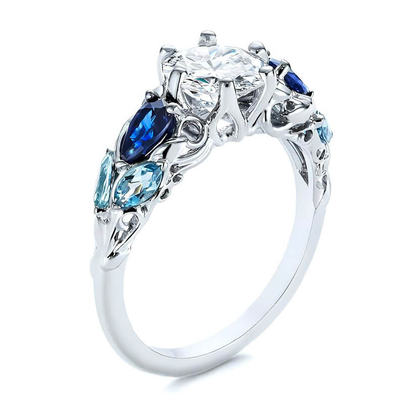 Moissanite And Cluster Sapphire Filigree Vine Engagement Ring,RRL-FA1C1237-1,RRL-FA1C1237-2,RRL-FA1C1237-3