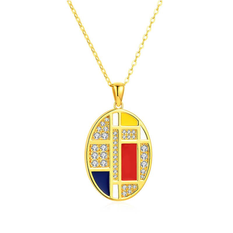Mondrian "Famous Paintings" Inspired Moissanite Enamel Drop Necklace In Sterling Silver - ReadYourHeart