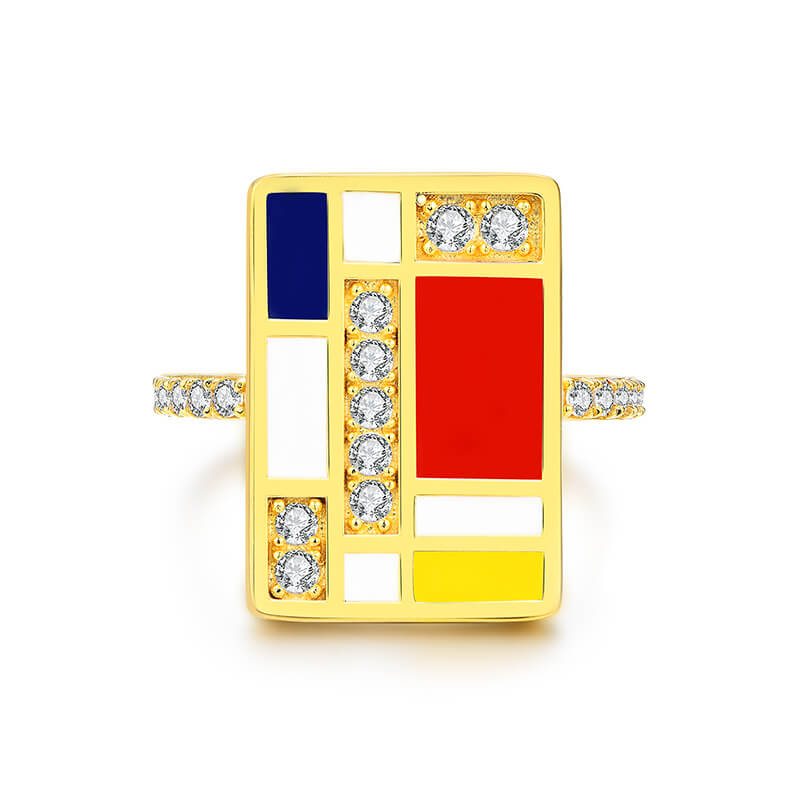 Mondrian "Famous Paintings" Inspired Moissanite Enamel Engagement Ring - ReadYourHeart