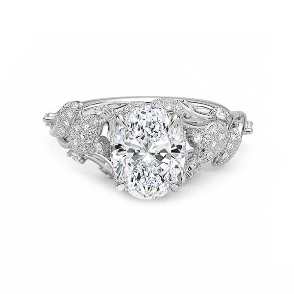 Oval Cut Moissanite Leaves Pave Engagement Ring