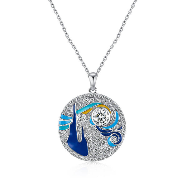 Paintings "The Starry Night" Inspired Moissanite Enamel Drop Necklace