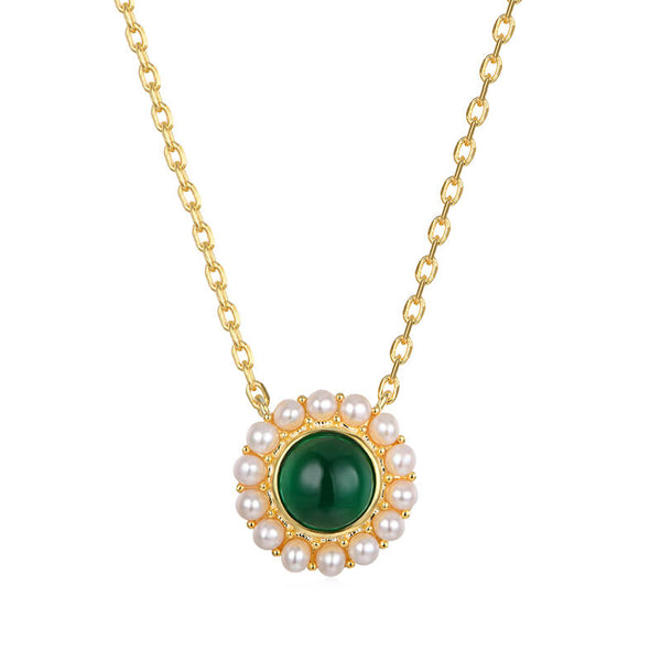 Pearl Halo Round Emerald Necklace In Sterling Silver - ReadYourHeart