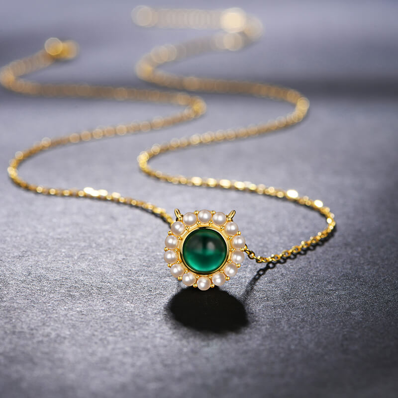 Pearl Halo Round Emerald Necklace In Sterling Silver - ReadYourHeart