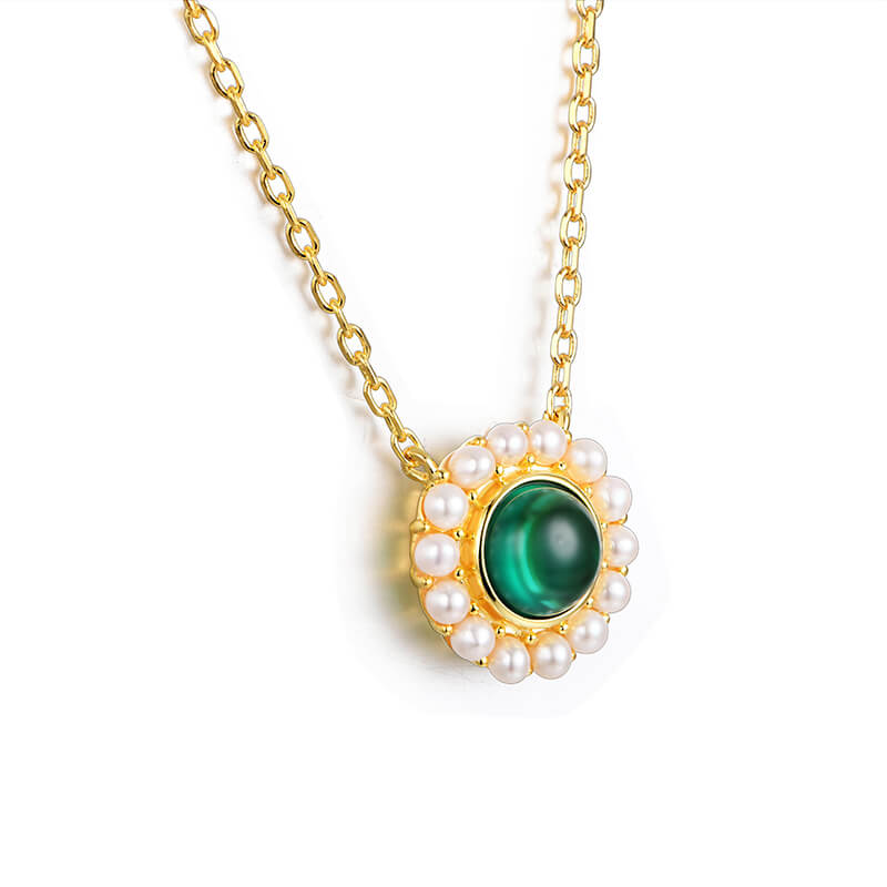 Pearl Halo Round Emerald Necklace In Sterling Silver - ReadYourHeart