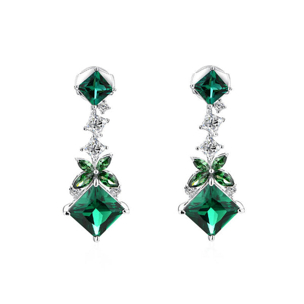 Princess Cut Emerald Chain Drop Earrings In Sterling Silver