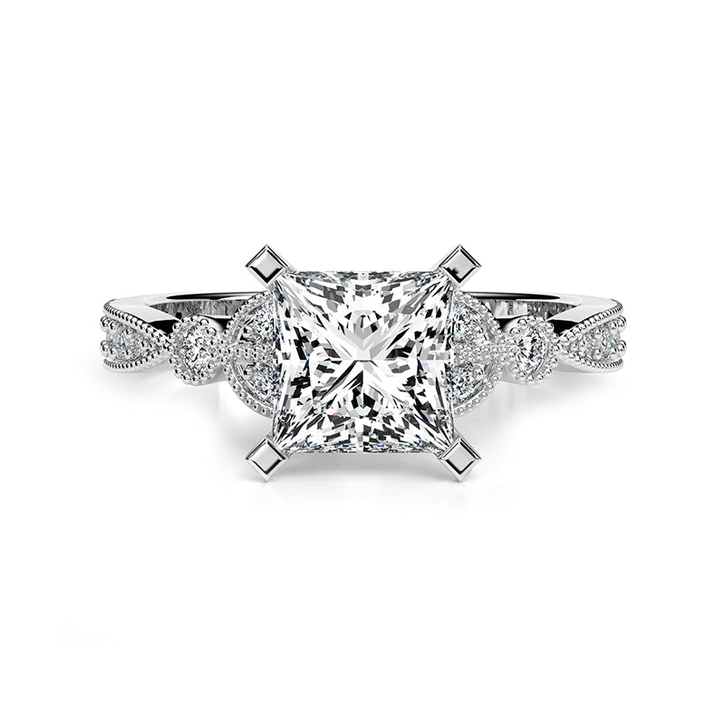 Princess Cut Moissanite With Leaf Shape Milgrain Pave Engagement Ring,RRL-FA1C775-1,RRL-FA1C775-2,RRL-FA1C775-3