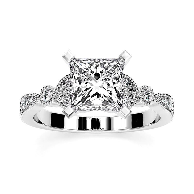 Princess Cut Moissanite With Leaf Shape Milgrain Pave Engagement Ring,RRL-FA1C775-1,RRL-FA1C775-2,RRL-FA1C775-3