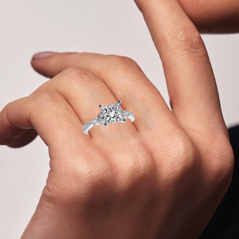Princess Cut Moissanite With Leaf Shape Milgrain Pave Engagement Ring,RRL-FA1C775-1,RRL-FA1C775-2,RRL-FA1C775-3