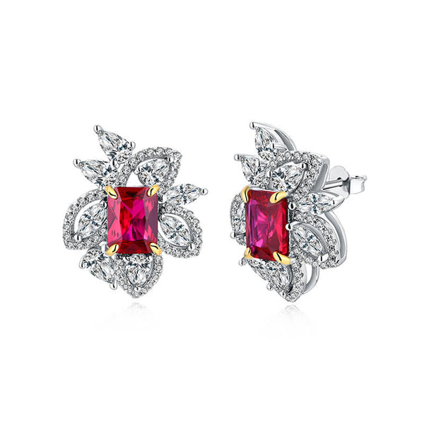 Radiant Cut Ruby Flower Accents Stud Earrings In Sterling Silver - ReadYourHeart
