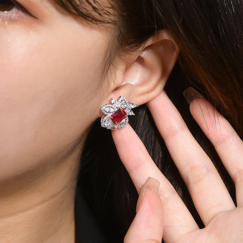 Radiant Cut Ruby Flower Accents Stud Earrings In Sterling Silver - ReadYourHeart