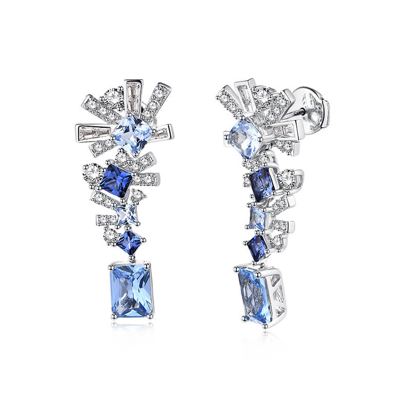 Radiant Cut Sapphire Geometric Drop Earrings In Sterling Silver - ReadYourHeart