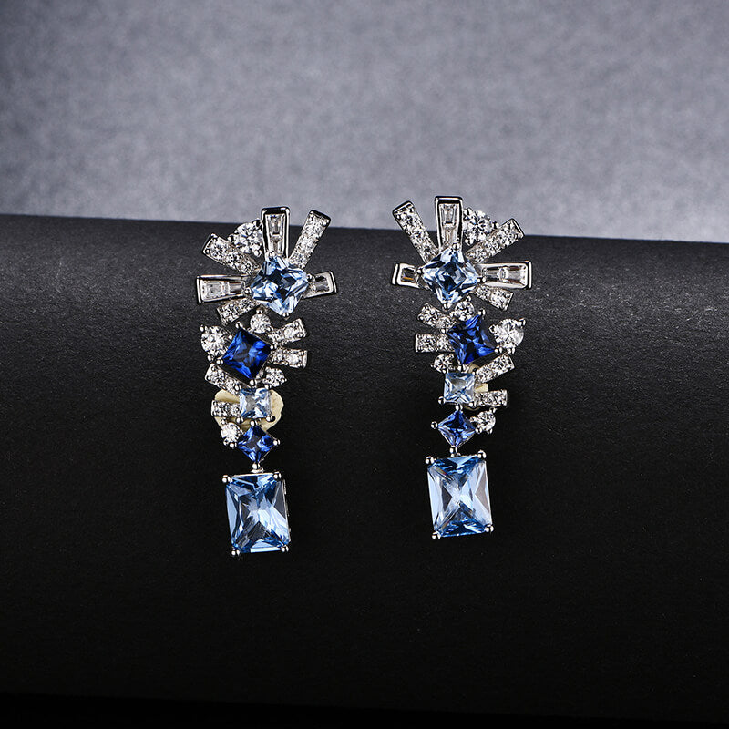 Radiant Cut Sapphire Geometric Drop Earrings In Sterling Silver - ReadYourHeart