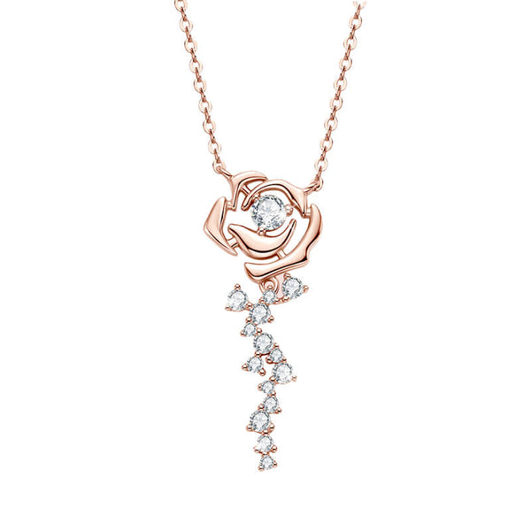 Rose Flower Moissanite Cluster Accents Sterling Silver Necklace - ReadYourHeart
