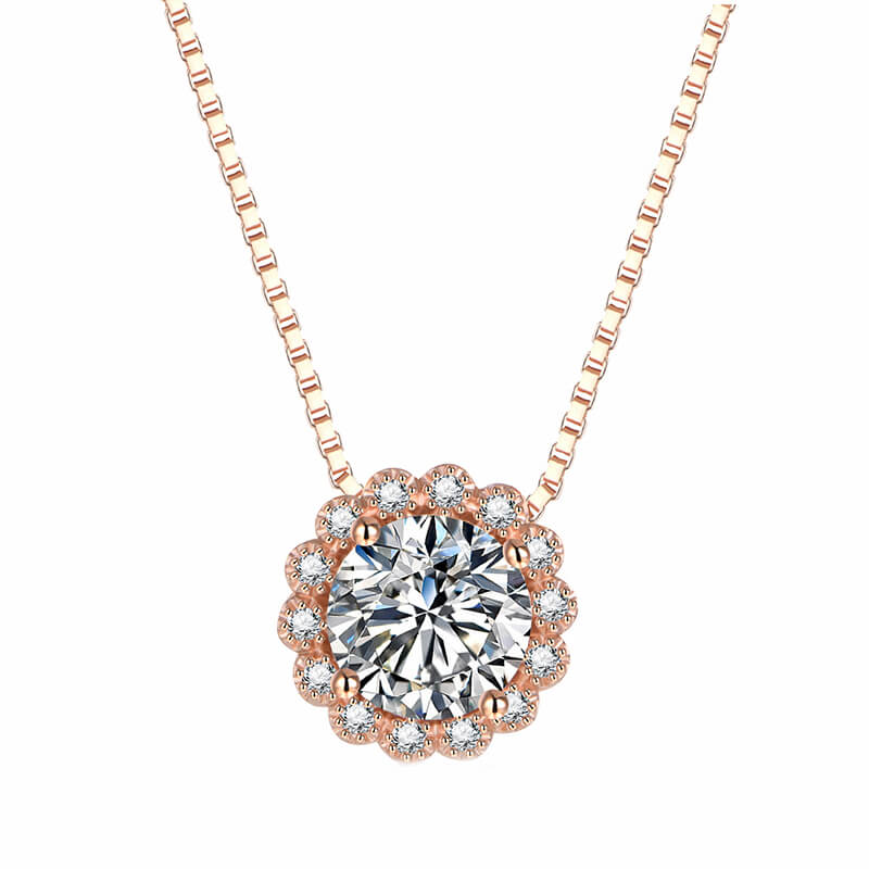 Rose Gold Halo Round Moissanite Sterling Silver Necklace - ReadYourHeart