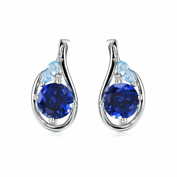 Round Lab-Created Sapphire And Marquise Accents Sterling Silver Hoop Earrings