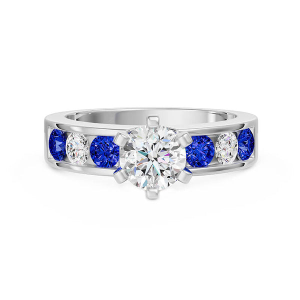 Round Moissanite Alternating White And Sapphire Channel-Set Engagement Ring