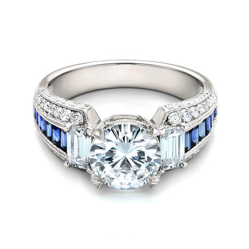 Round Moissanite And Emerald-Cut Sapphire Channel Set Milgrain Engagement Ring,RRL-FA1C779-1,RRL-FA1C779-2,RRL-FA1C779-3