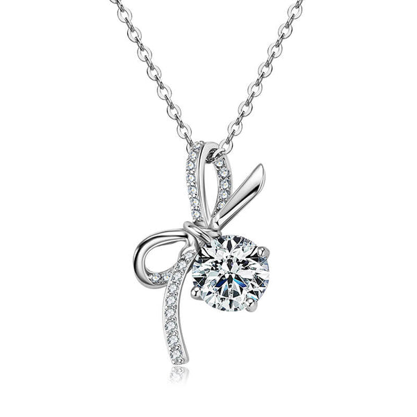 Round Moissanite Bow Accents Pave Sterling Silver Necklace - ReadYourHeart