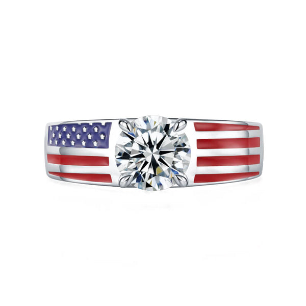 Round Moissanite Engagement Ring with American Flag Enamel Band,RRL-FA1C942-1,RRL-FA1C942-2,RRL-FA1C942-3