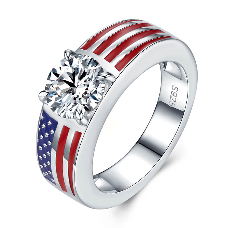 Round Moissanite Engagement Ring with American Flag Enamel Band,RRL-FA1C942-1,RRL-FA1C942-2,RRL-FA1C942-3