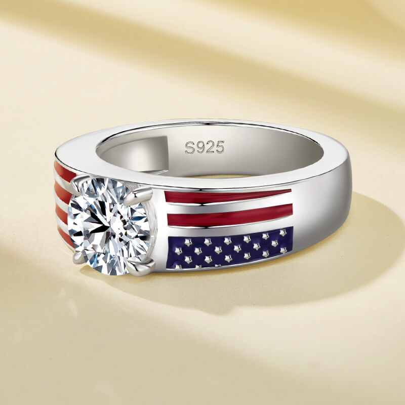Round Moissanite Engagement Ring with American Flag Enamel Band,RRL-FA1C942-1,RRL-FA1C942-2,RRL-FA1C942-3