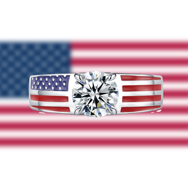 Round Moissanite Engagement Ring with American Flag Enamel Band,RRL-FA1C942-1,RRL-FA1C942-2,RRL-FA1C942-3